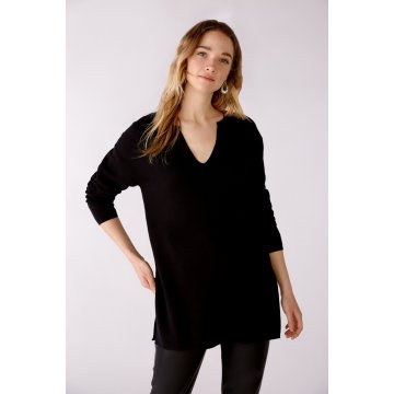 OUI Black Long-Pullover mit V-Ausschnitt, schwarz