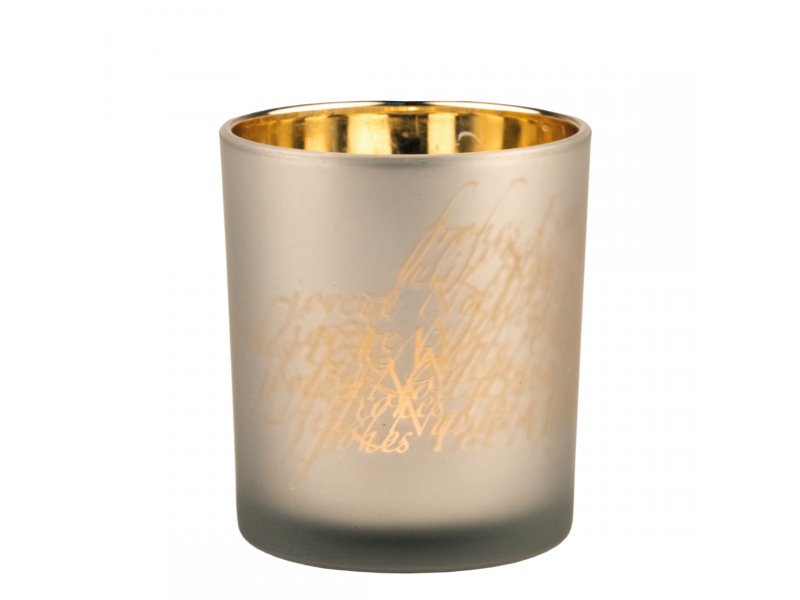 Räder Glanzlicht groß Teelichtglas "Schrift" D. 9 cm gold
