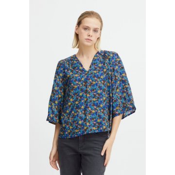 ICHI IHTilla Kurzarm Bluse mit floralem Print, blau